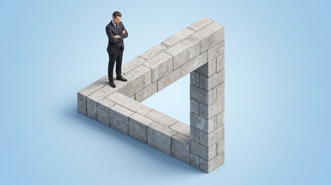 Man standing on a penrose triangle a geometric illusion on blue