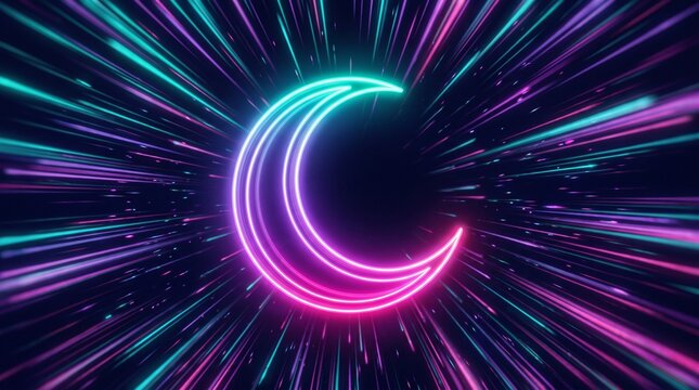 Neon crescent moon glows amidst a dynamic streaking light display