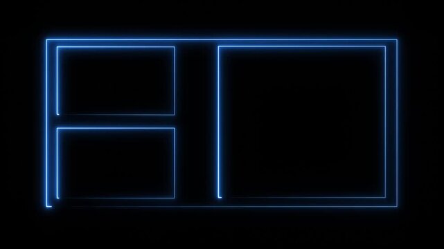 Square rectangle picture frame icon animation glowing neon blue color display neon box round shape retro photo frame rotation sign symbol on black background ...