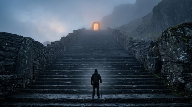 Person ascends long stone staircase toward illuminated archway in misty landscape