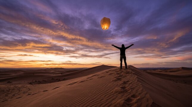 Person releasing paper lantern over sand dunes at sunset