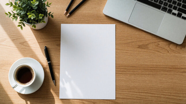 Blank white sheet of paper sits on wooden desk near laptop, coffee cup and pen. Modern workspace for job application or curriculum vitae creation. Ready for content.