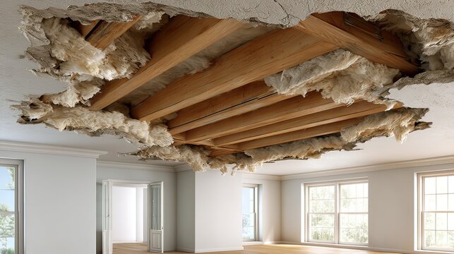 Damage to ceiling exposing wooden beams and insulation in an empty room with natural light and window view