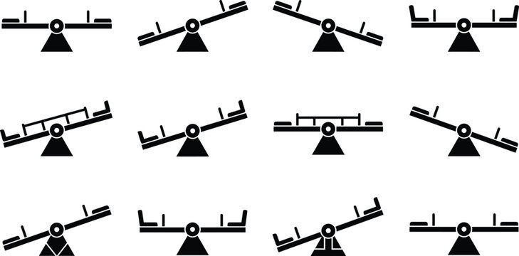 Seesaw vector icon set featuring playground teeter totter symbols balance concept graphics childhood park equipment silhouettes and leverage signs