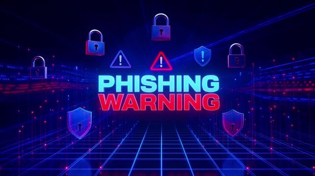 Phishing warning digital animation featuring glowing security padlocks and shields on a dark cyber background video