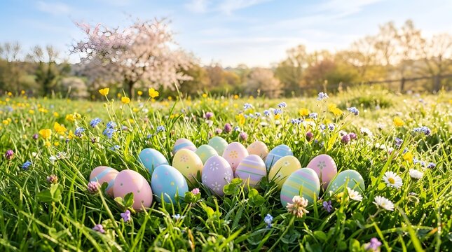 Pastel Easter Eggs Placed in Green Grass Field Under Sunlight