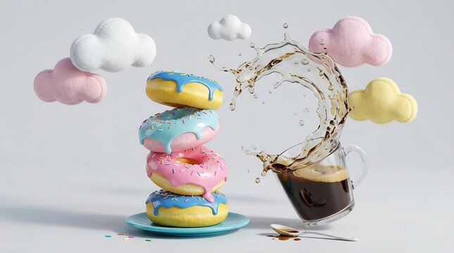 Creative 3D rendering of stacked colorful glazed donuts with sprinkles and a glass cup of splashing coffee surrounded by pastel clouds. Whimsical surreal dessert concept artwork on a clean neutral bac