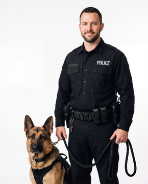 American police K9 handler with a trained service dog, representing law enforcement, public safety, security and specialized police work.