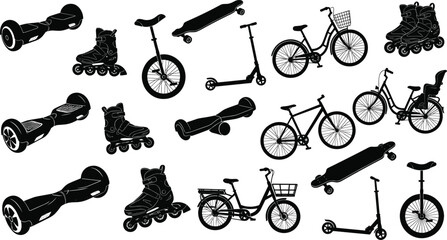 Black solid silhouettes collection of modern micro mobility transport elements featuring bicycle hoverboard skateboard scooter roller blades unicycle. © MDASIF