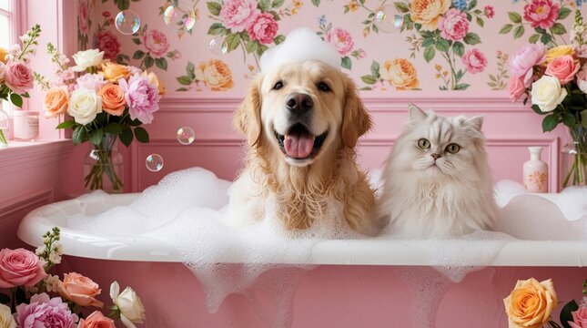 Golden retriever and Persian cat share bubbly bath. Animals enjoy foam, soap in tub with pink decor. Cute pets get clean, fluffy fur, bubbles float.