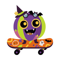 Cute Halloween Monster Riding Skateboard Vector © Intan