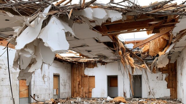 Desolate Interior of Abandoned Building with Torn Roof and Exposed Walls in Urban Setting