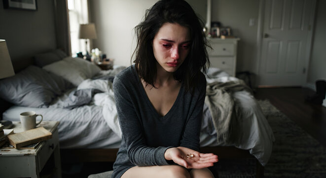 Emotional portrait of a tearful 22-year-old woman with messy hair sitting on her bed, holding a wedding ring in her open palm. Her red, crying eyes and sorrowful gaze reflect heartbreak, divorce, and 