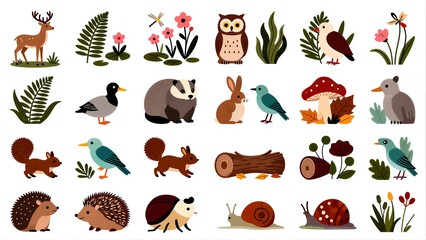 Fototapeta premium Cute forest animals and plants in a colorful, cartoon-style illustration.