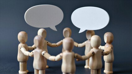 Obraz premium Wooden figures in circle, speech bubbles above heads, symbolizing group discussion or collaboration.