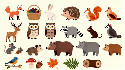 Obraz premium Cute forest animals and nature elements in a colorful, cartoon style.