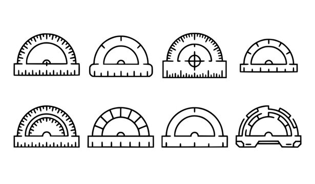 Eight Minimal Protractor Geometric Outline Templates Vector Icon Collection