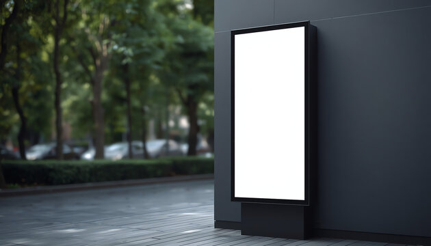 Blank mock up of store showcase and add advertisement window with greenery tree background
