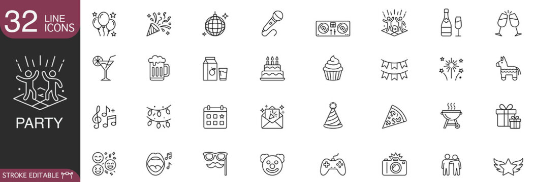 Party and celebration line icon set featuring birthday cake, disco ball, champagne, music, fireworks, and event symbols for web UI design.