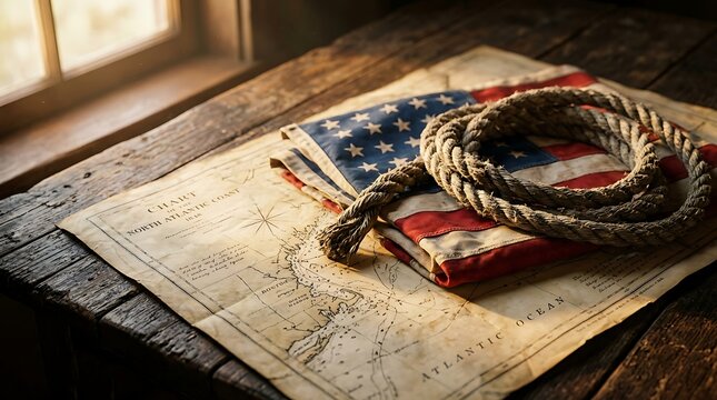 Vintage map with American flag and coiled rope