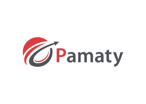 A corporate featuring the word pamaty in dark grey text next to a circular icon with a red arc and a dark grey arrow pointing upwards