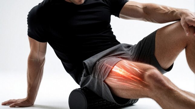Man uses foam roller on thigh muscles showing pain and strain. Athlete recovers after workout, managing leg injury discomfort and seeking physical therapy for muscle relief and wellness.