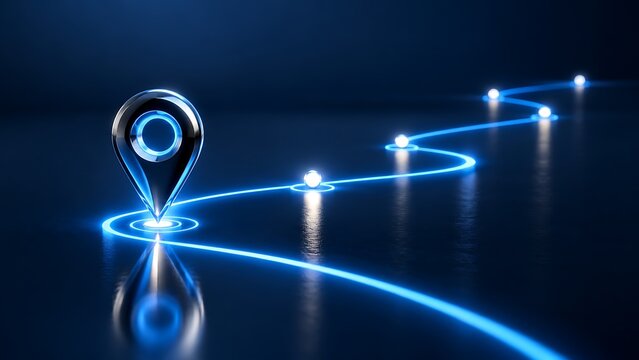 Glowing Digital Map Pin On Illuminated Path Showing Roadmap And Navigation Journey Concept
