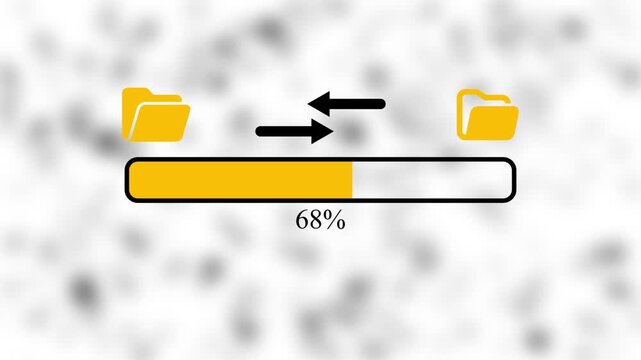 Data transfer animation with folder icons and yellow progress bar showing hundred percent status on white background