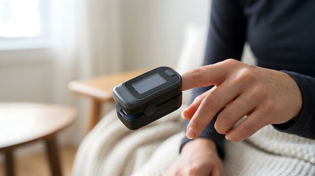 Person checking blood oxygen level using a portable pulse oximeter
