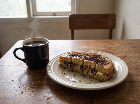 Sweet Indonesian martabak served with tea as an everyday afternoon snack, suitable for culinary articles, restaurant storytelling, lifestyle campaigns, and food advertising.