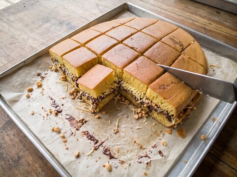 Freshly portioned sweet martabak arranged on a baking tray, showing fluffy texture and rich filling for catering, bakery, restaurant, menu, and food production campaigns.