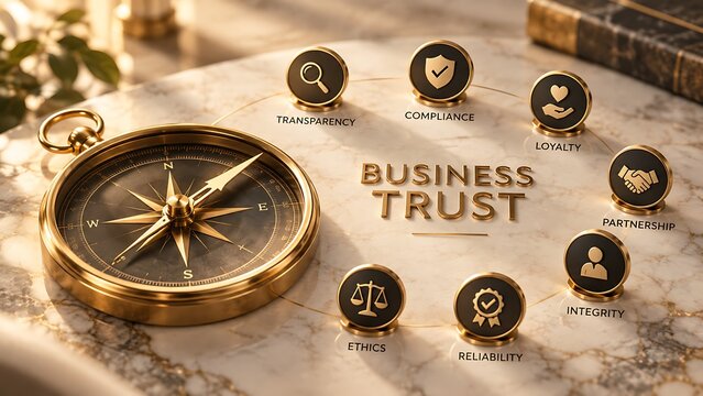 Business Trust And Ethics Compass Concept With Golden Icons On Marble Background