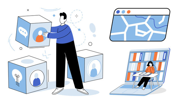 People interacting with digital cubes and online library resources vector illustration. E-learning, virtual education, remote study, knowledge sharing, digital literacy, academic research. Students
