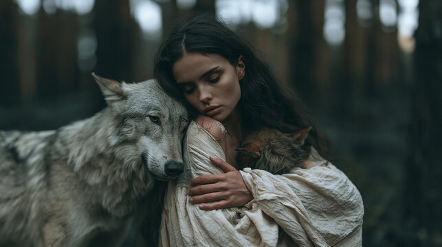 Female portrait of woman outdoors in the forest with wild dog together. Fairy tale atmosphere in dark. Fashion people. Woodland dweller in the nature. Friendship of human and animal like a wolf 
