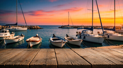 Fototapeta premium Wooden table in foreground offers view of harbor with boats docked at sunset. Colorful sky reflects on calm sea water with yachts in background.