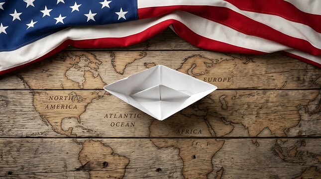 White paper boat on world map with American flag