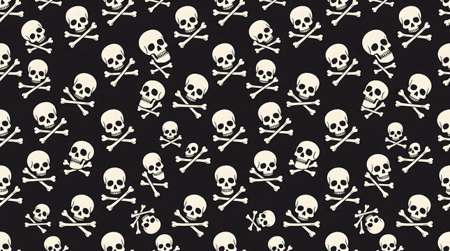 Seamless Skull and Crossbones Pattern in Cream on a Black Background