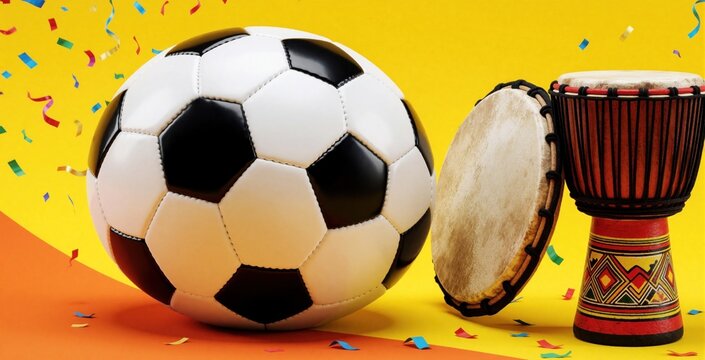 Soccer ball, traditional djembe drum on bright yellow background with colorful confetti. Football equipment meets musical instrument for carnival celebration. Vibrant sports event concept with party