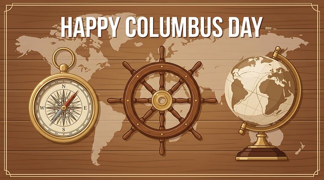 Columbus Day text with nautical navigation tools on wood