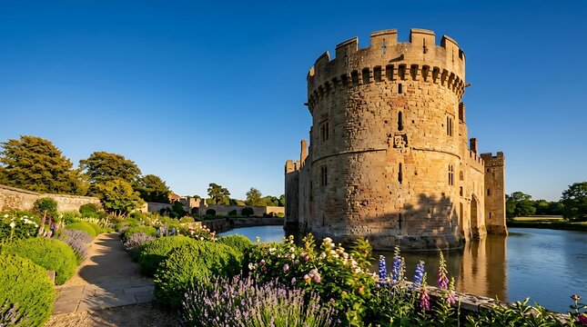 Stone castle tower with moat and garden