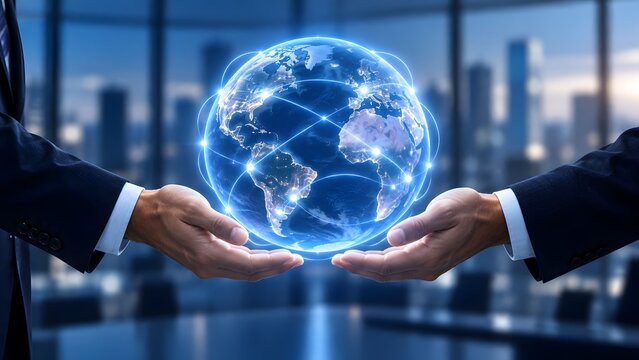 Two businessmen in suits holding a glowing digital globe with interconnected lines symbolizing global network communication and international business connections in a modern office.