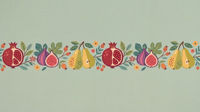 Autumn fruit border with pomegranate fig and pear illustrations on soft green background.
