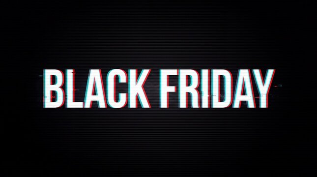 Black Friday glitch text effect on dark futuristic digital background.