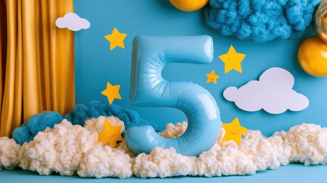 Children celebrate a joyful birthday with a large number five and colorful decorations, featuring superheroes and playful elements.