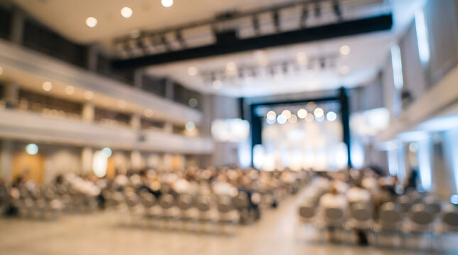 Blurred Conference Hall With a Seated Audience Facing a Lit Stage