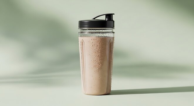 Protein shake in plastic shaker bottle on table