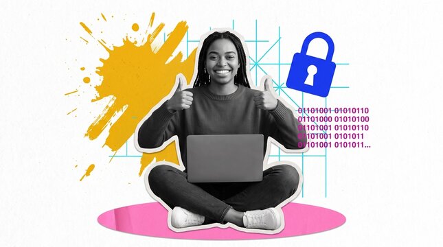 Vertical photo collage of happy american girl it master hold laptop lock keyhole password hacking open isolated on painted background