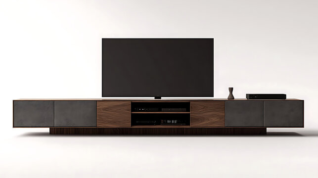 Modern Interior Living Room & TV Wall Design Images for Adobe Stock: High-Resolution Smart TV, Wooden Cabinet, Minimalist Home Entertainment, Dark Wall and Cozy Luxury Decor