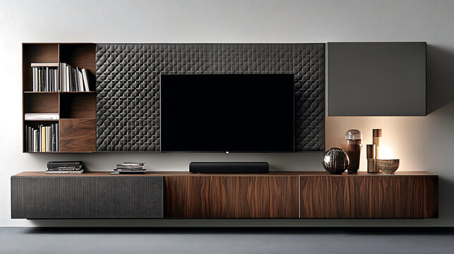 Modern Interior Living Room & TV Wall Design Images for Adobe Stock: High-Resolution Smart TV, Wooden Cabinet, Minimalist Home Entertainment, Dark Wall and Cozy Luxury Decor
