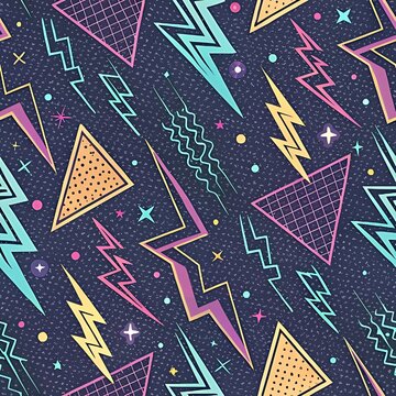 Vibrant 80s retro seamless pattern with colorful neon lightning bolts, grid triangles, and glowing stars scattered over a dark starry navy blue background.
